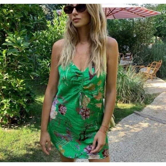 Zara Green Satin Effect Bird Print Slip Dress size Medium - Picture 1 of 8